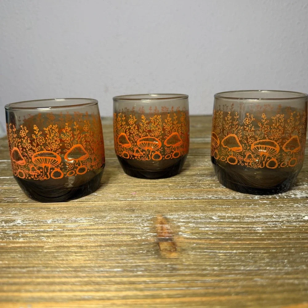 Vintage Mushroom Fairycore Lowball Glasses Set 3 Amber Orange Cottagecore Floral